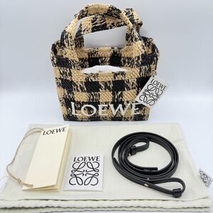 NEW NWT Loewe Paula’s Ibiza Mini Font Logo Gingham Tan Black Raffia Strap Tote